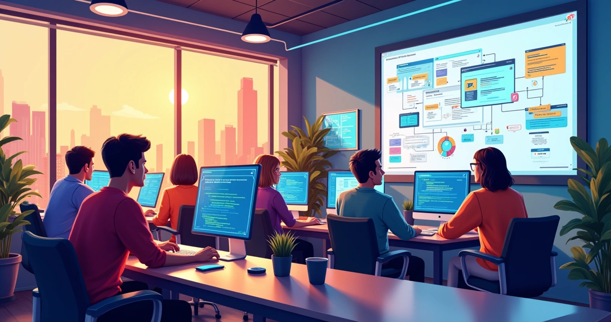 Ilustração de um escritório moderno de software house com desenvolvedores colaborando e telas de código.