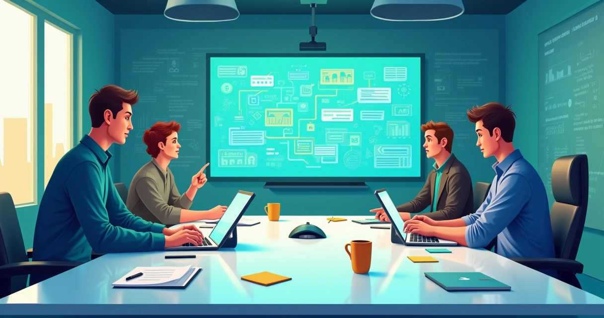 Equipe de tecnologia colaborando em uma sala de reuniões, analisando portfólio e tendo discussões sobre projetos.