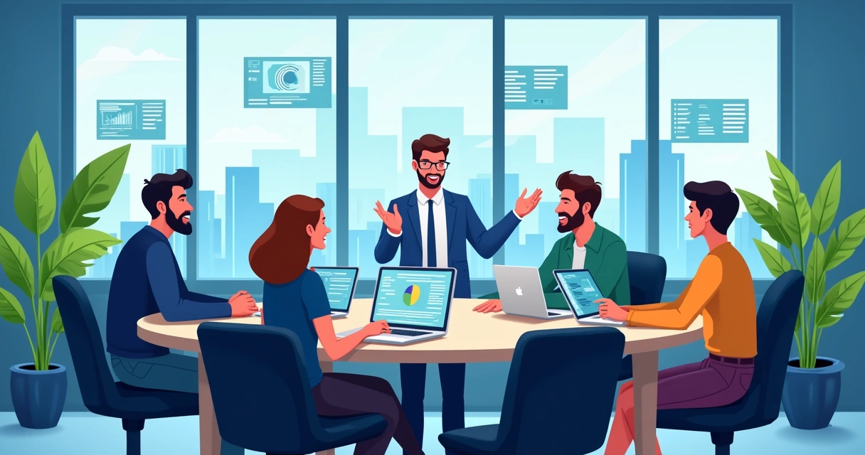 Ilustração de um escritório moderno de uma software house com desenvolvedores em reunião, plantas e vista da cidade.